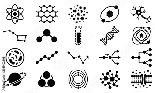 Set of science icons representing molecules dna structures stars and biology