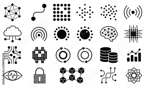 Technology and connectivity icons set created with black dots on white background