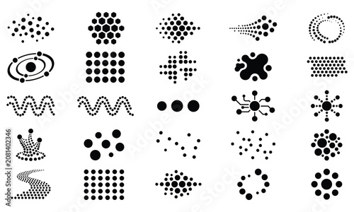 Set of technology inspired dotted clusters and digital connection data motifs