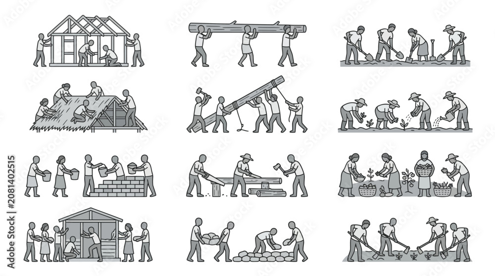 Obraz premium Modern Black and White Line of Community Construction Farming and Crafting Collaborative Efforts