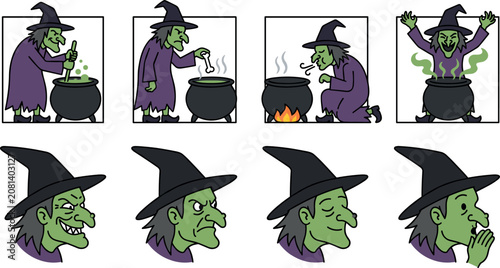 Foto Green Skin Witch Cartoon Character Asset Set with Potion Brewing Cauldron Action