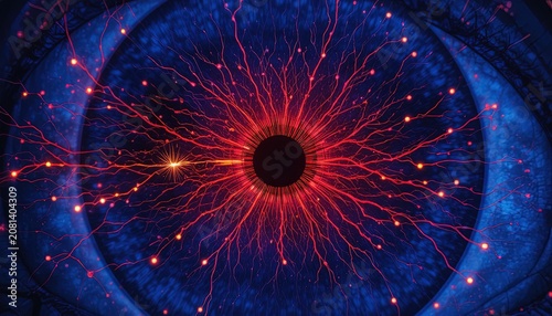 Vibrant, detailed iris with glowing, interconnected red pathways emerges from darkness.