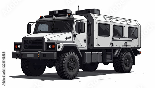 Large white military truck vehicle.