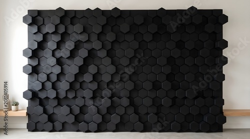 Extruded black hexagonal wall texture featuring matte surfaces ambient shadows minimalist architectural studio backdrop design.