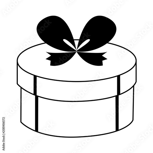Minimalist vector illustration of a round gift box with a black bow ribbon, isolated on a white background. Perfect for holiday, birthday, and celebration designs.