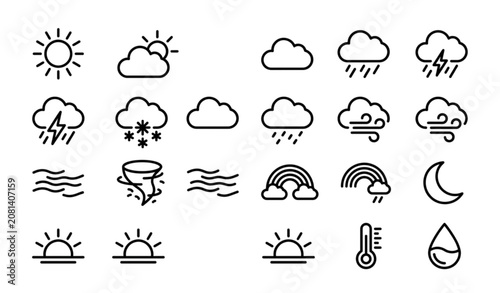 Bild auf Leinwand Weather Forecast Line Icon Set with Sun, Cloud, Rain, Snow and Climate Outline S