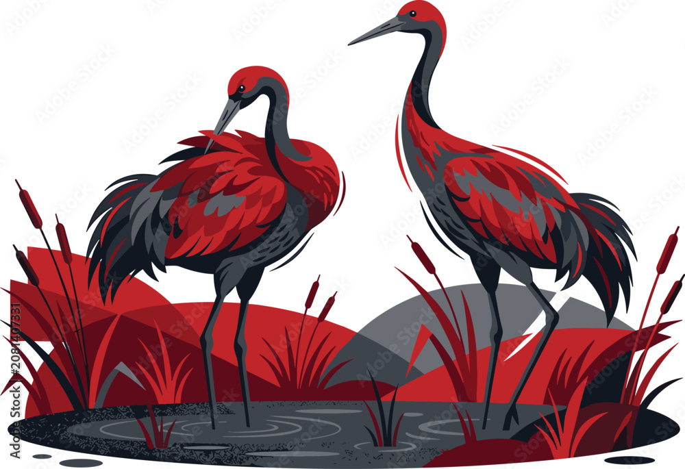 Fototapeta premium Elegant Red and Grey Crane Birds Standing in Wetland Swamp Water with Reeds and Cattails Vector Illustration for Oriental Nature Inspired Designs