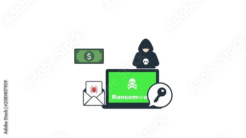 Ransomware Attack on Laptop with Money, Envelope, and Key Icons