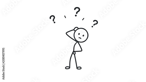 Confused stick figure scratching head with question marks above