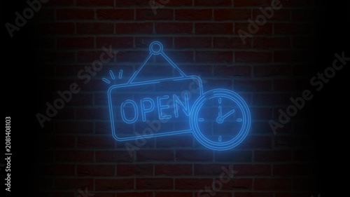 Blue Neon Open Sign with Clock on Brick Wall Background