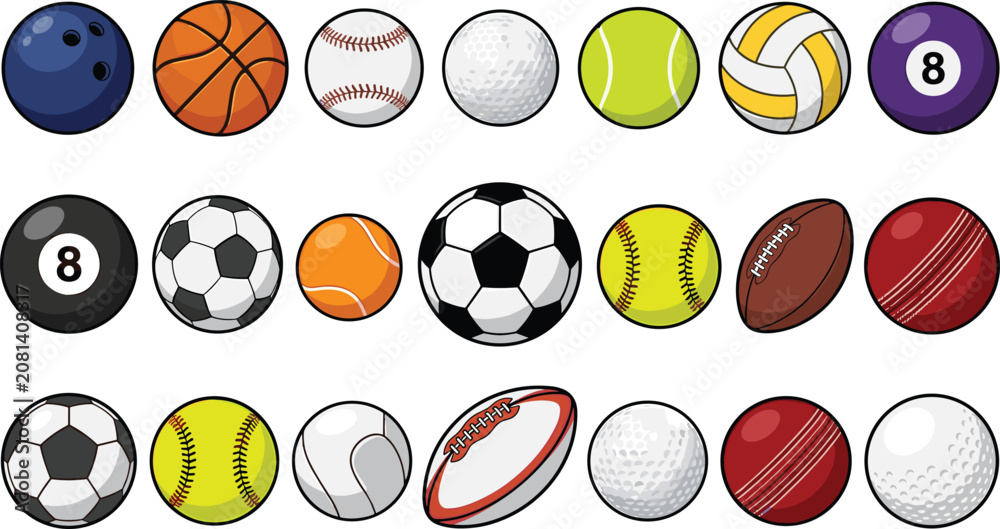 Obraz premium Sports ball vector collection featuring cartoon icons for soccer basketball football tennis bowling golf cricket and rugby athletic gaming equipment.