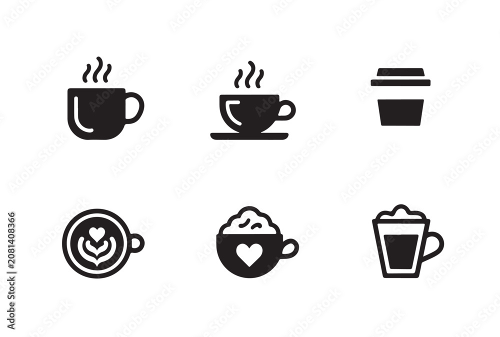 Obraz premium Collection of coffee cup icons, diverse styles with steam, latte art, and whipped cream.