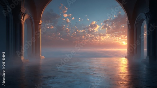 Majestic colonnade with glowing sunset sky and clouds reflected on wet marble floor. 3D render