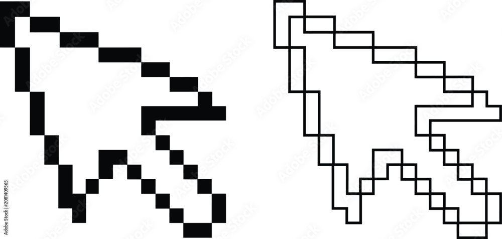 Fototapeta premium Pixelated Cursor Arrow Icon Set, Black and White 8-Bit Mouse Pointer Vector Illustration for Web, App and Game Design Interface