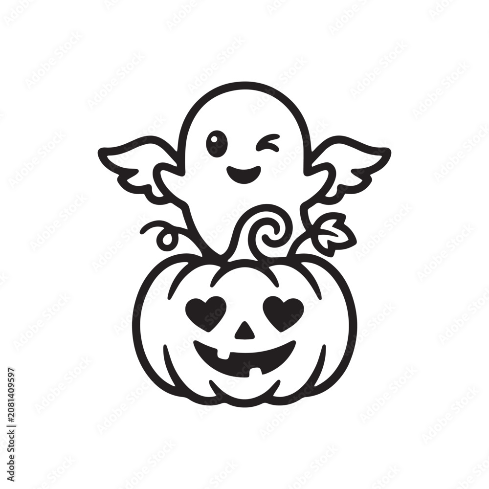 Obraz premium Cute Winged Ghost Sitting On A Happy Jack O Lantern For Halloween