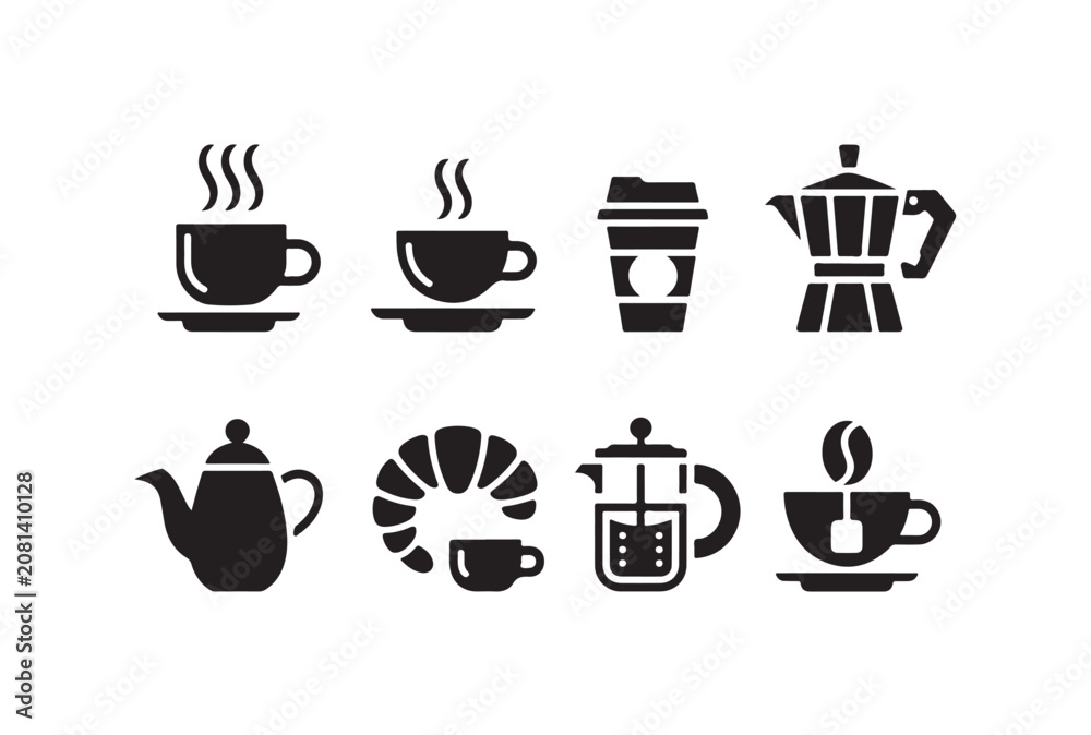 Obraz premium Various coffee icons with teapot moka pot croissant and drinkware on transparent background.