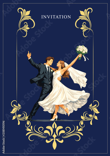 093-40-iBride and groom dancing beautifully on a decorative wedding invitation card with floral frame