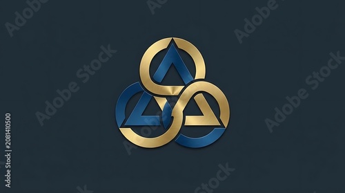 Abstract geometric logo with interlocking gold and blue shapes.