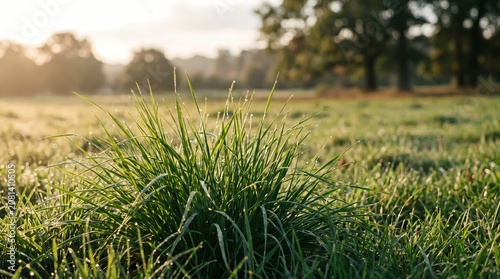Lush green grass in a serene landscape with trees in the distance at sunrise