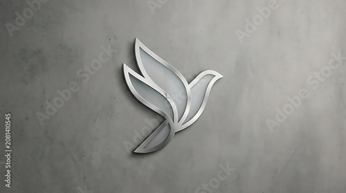 Abstract metallic bird logo on textured concrete wall.