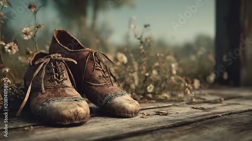 Vintage brown leather lace up shoes on rustic wooden planks with wildflowers in a soft focus outdo
