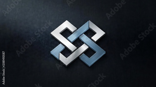 Abstract silver 3D geometric logo on dark background.