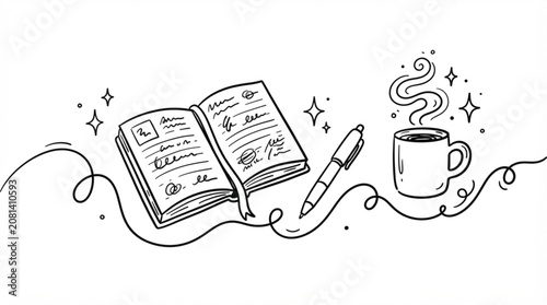  Cute hand drawn doodle book pen and coffee cup vector sketch with playful cartoon line style for whimsical personal lifestyle blog decorations