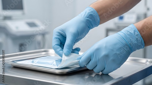 Medical professional opening sterile instrument packaging in a hospital setting.