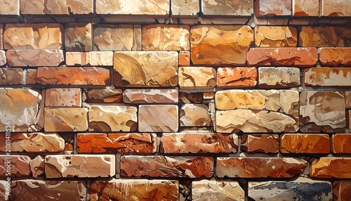 Close-up of a rustic, textured wall composed of weathered, irregular bricks, varying in shades of red, brown, and beige