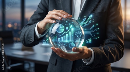 Business professional holding digital globe with technology network connections in modern office