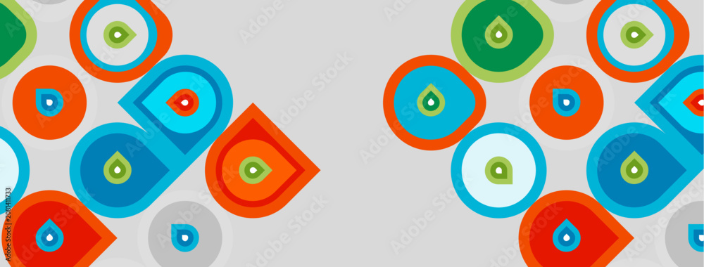 Fototapeta premium Abstract geometric shapes repeat. Circles, squares, teardrops form colorful pattern. Light gray background provides contrast.