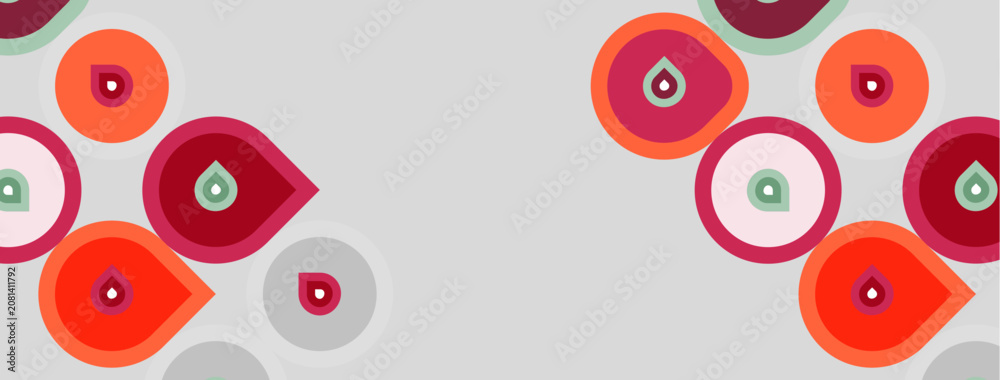 Fototapeta premium Abstract floral pattern. Circles, teardrops, varying shades red, pink, green. Simple design, light gray background. Repeating motif.