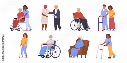 Diverse group of seniors receiving care and assistance from healthcare workers