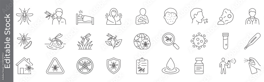 Fototapeta premium Mosquito and malaria disease icon set – editable outline symbols of mosquito bite, dengue, fever, rash, virus, vaccine, spray, protection and tropical disease prevention elements