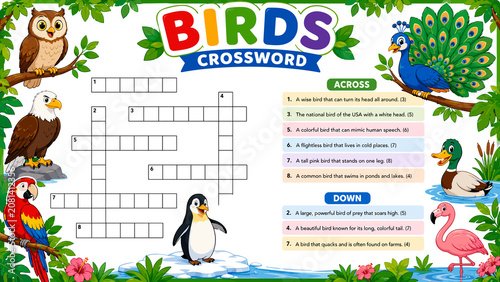 Brightly colored birds surround a crossword puzzle. Owl, eagle, parrot, penguin, peacock, duck, and flamingo appear. Crossword grid holds bird-themed clues