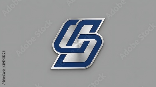 Blue and silver metallic logo on grey wall.