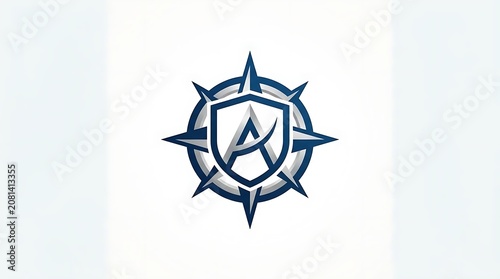 Blue compass and shield logo icon isolated on white.