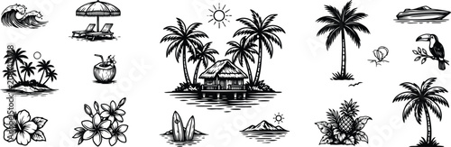 Fotografie Tropical island vacation including palm trees beach hut ocean waves and toucan