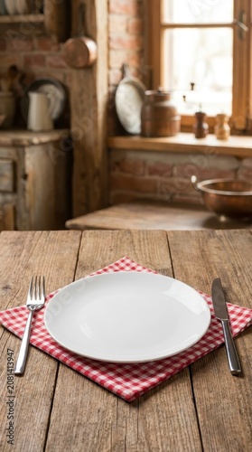 Empty plate with cutlery on rustic kitchen table