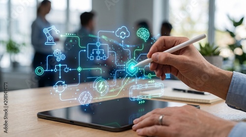 Person Drawing Digital Icons on Laptop Screen with Stylus in Modern Office