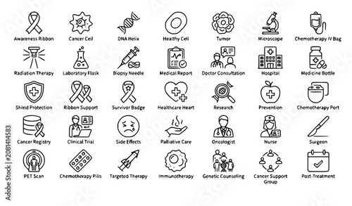 Foto Cancer Awareness Outline Icon Set with Oncology Healthcare Research and Medical