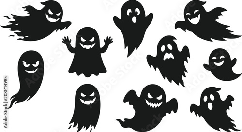 Obraz na plátně Set of cute and scary ghosts silhouettes for halloween design