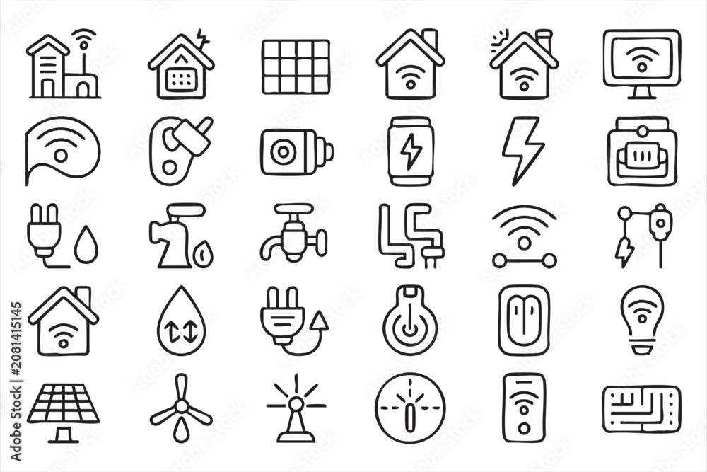 Fototapeta premium Smart Home Linear Icon Pack for IoT Automation, Clean Energy, and Digital Connectivity