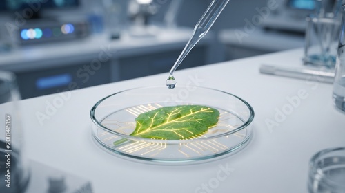 Laboratory leaf research, green plant in petri dish, science experiment, biotechnology study