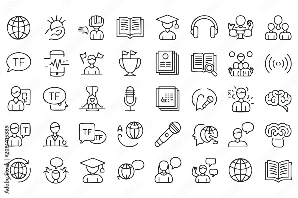 Fototapeta premium Language Education Line Icon Set Featuring Translation, Speech, Learning, and Communication Symbols
