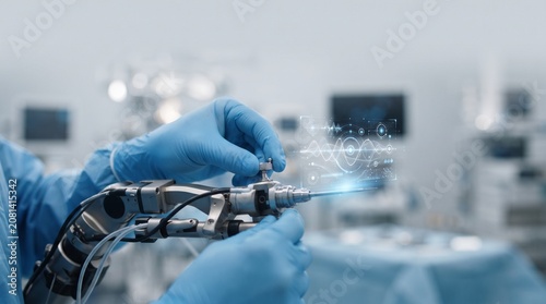 Medical technology, robotic surgery tool, blue gloves, futuristic operating room, healthcare innovation