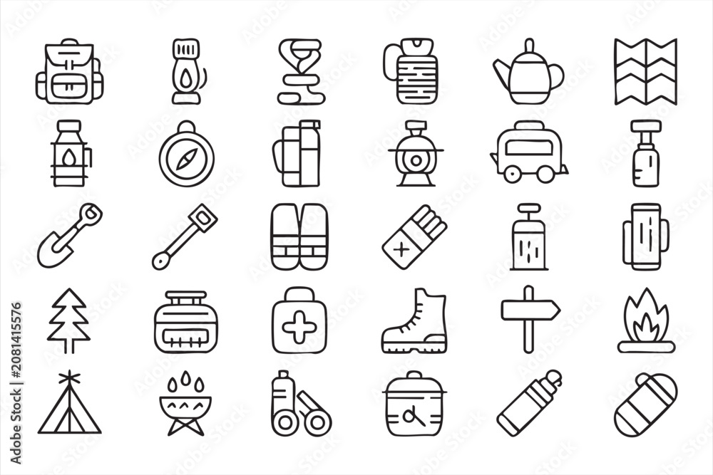 Fototapeta premium Camping Outdoor Adventure Line Icon Set Featuring Tent, Backpack, Campfire, and Hiking Symbols