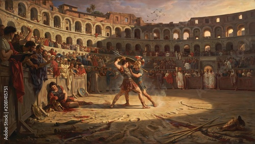 Ancient Roman gladiatorial combat scene in Colosseum with spectators and fighters