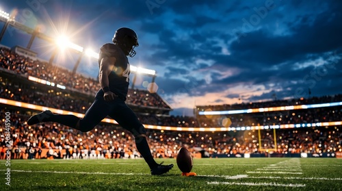 American football player kicking ball on field at dusk in stadium with spectators