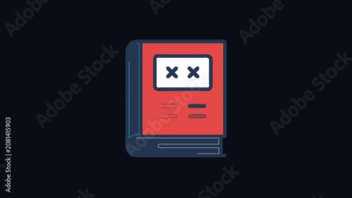 Stylized red book icon with crossed out eyes graphic
